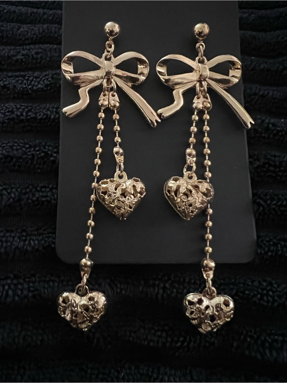 Gold Bow & Heart Dangle Earrings - Elegant Women’s Jewelry